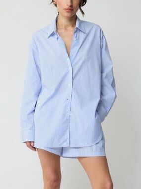 Almina Concept Oversized Cotton Stripe Button Down Shirt Size Medium Blue White